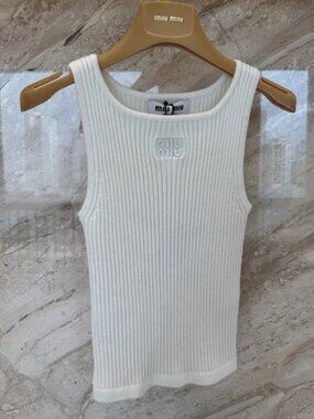 Miu Miu White Ribbed Knit Tank Top w/ Embossed Logo